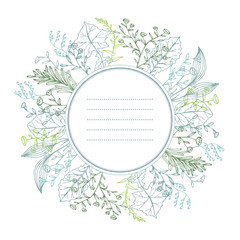 Floral card with herbal, twigs, leaves and branches wreath.