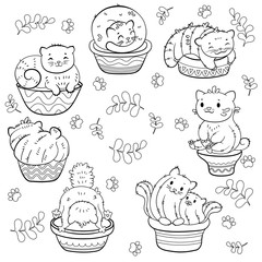Set of cute hand drawn cactus cats in cartoon style.  Ideal for coloring print