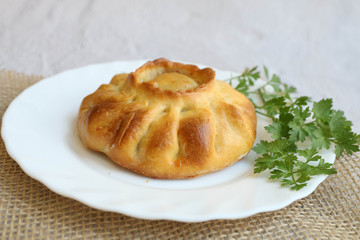 Traditional russian chicken pie kurnik on a plate laying on a table napkin on a grey background, side view, horizontal © Lyudmila