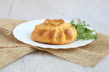 Traditional russian chicken pie kurnik on a plate laying on a table napkin on a grey background, side view, horizontal © Lyudmila