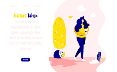 Happy girl with a cup of coffee walks in nature. Vector banner in flat linear style.