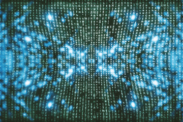 Blue matrix digital background. Abstract cyberspace concept. Characters fall down. Matrix from symbols stream. Virtual reality design. Complex algorithm data hacking. Cyan digital sparks.