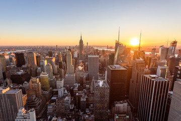 Panorama view of Midtown Manhattan skyline with the Empire State Building from the Rockefeller...