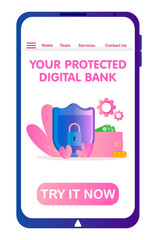 online banking securely protected, the lock and the shield provide reliable protection for monetary transactions, vector image for web sites and landing pages