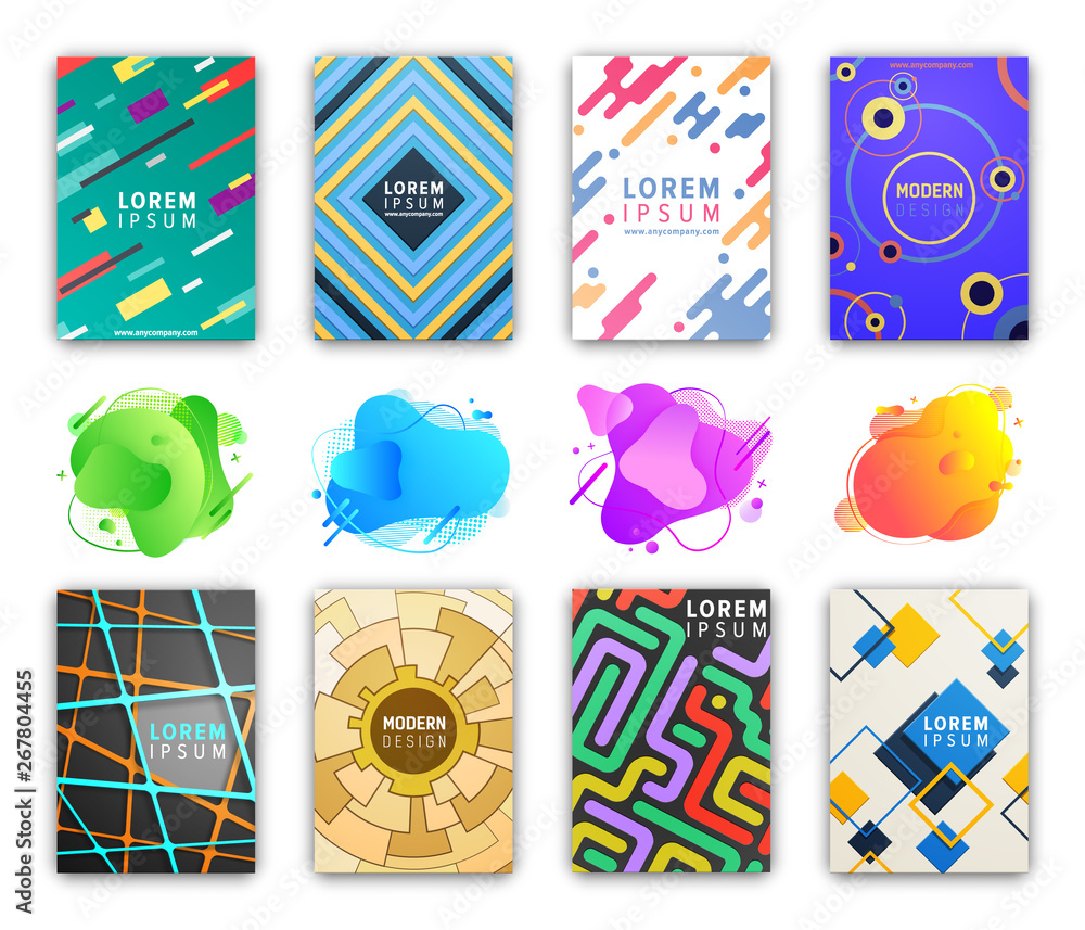 Poster abstract liquid shapes vector, isolated covers and pages with different colorful shapes. lines and g