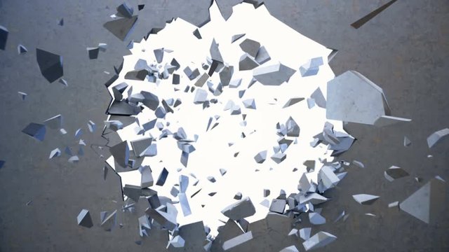 Concrete wall flying into small pieces. Cracked earth. Slow motion effect. Explosion, destruction, broken, concrete wall. Isolated on green background, 4K 3D animation on a green background