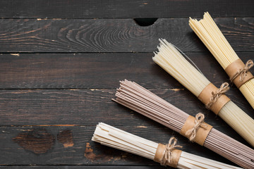 Gluten-free noodles of various kinds. View from above. Place under the text