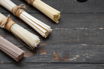 Gluten-free noodles of various kinds. View from above. Place under the text