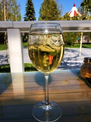 White wine with ice on the table 