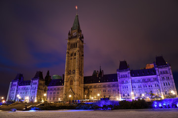 Blue lights on Canadian Parliament Buidings at Christmastime in Ottawa