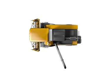 Fototapeta premium industrial 3D illustration of large cg orange rural agricultural harvester with harvest pipe detached top view isolated on white