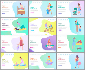 Happy motherhood vector, woman with baby bathing kid, walking with child in perambulator, reading book and looking at infant sleeping in cradle. Website or webpage template, landing page flat style