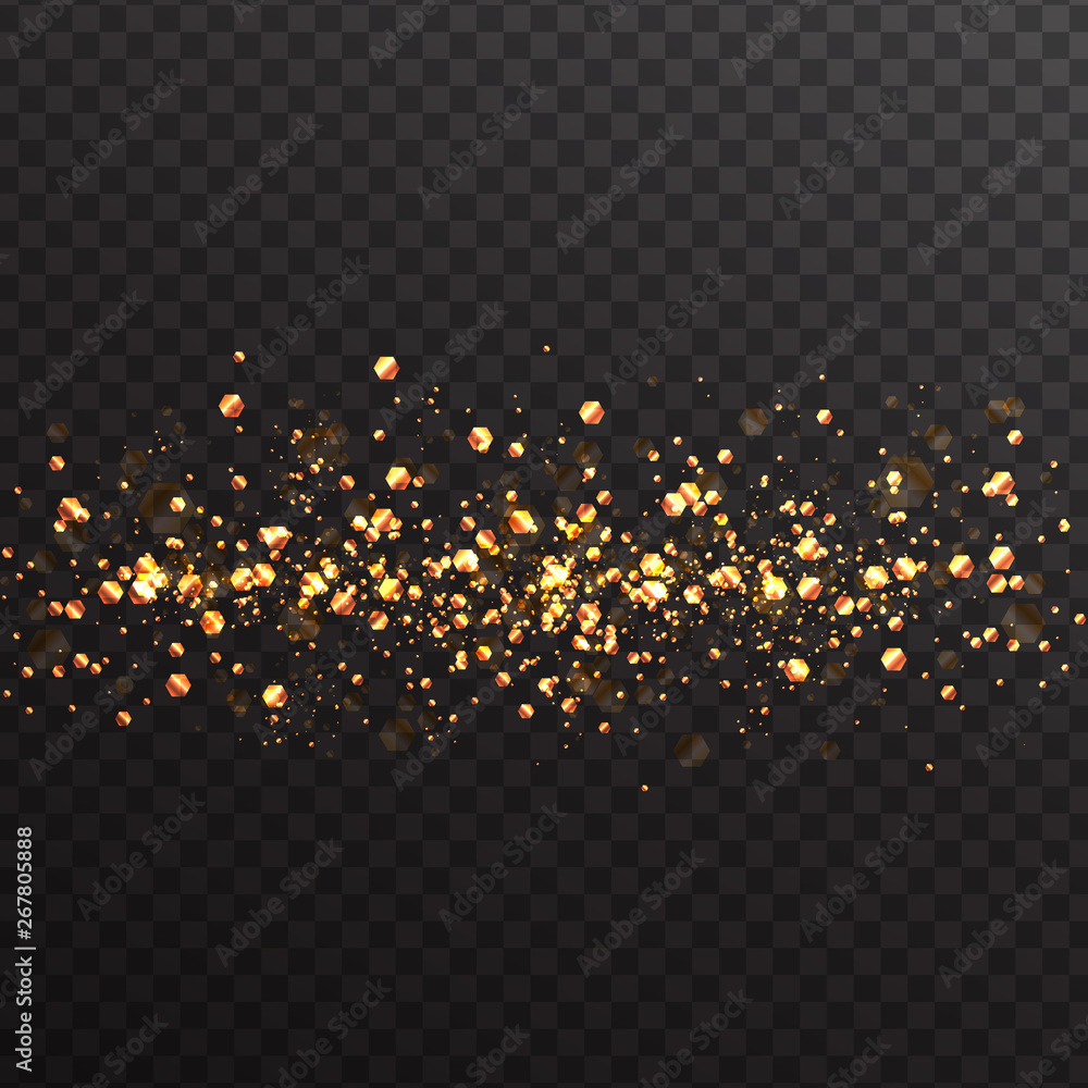 Poster bright abstract background of glowing gold particles with bokeh effect. light effects on a transpare