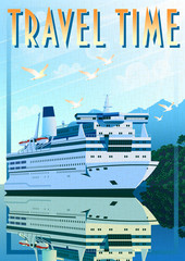 Fototapeta premium Art Deco ship vector illustration. Passenger liner in ocean.