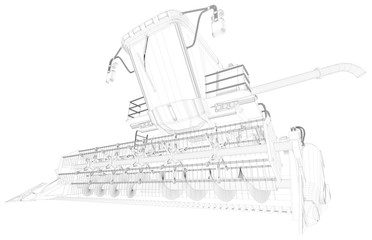 Thin contoured, detailed 3D scheme of agricultural harvester with grain pipe isolated, farm machine research concept - industrial 3D illustration