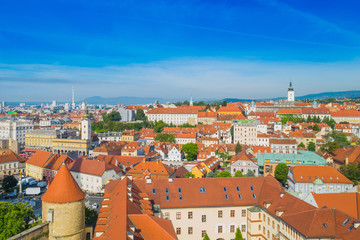 Fototapeta na wymiar Croatia, panoramic view on Upper town in Zagreb, red roofs and palaces of old baroque center