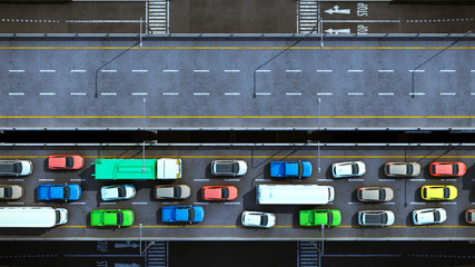 Cars on highway in traffic jam 3d render from top