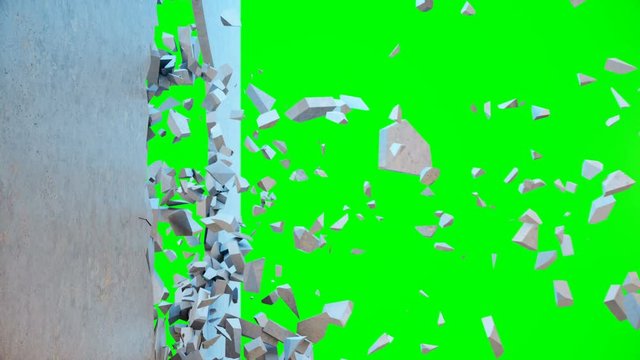 Concrete wall flying into small pieces. Cracked earth. Slow motion effect. Explosion, destruction, broken, concrete wall. Isolated on green background, 4K 3D animation on a green background