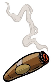 Cartoon lit cigar with smoke. Isolated on white background. Vector icon.