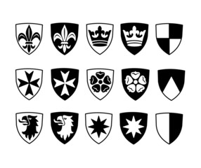 emblems with heraldic symbols, rose, cross, lily, star, crown and eagle, black and white icon set