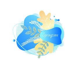 Springtime vector, branches with foliage, spring blooming floral decoration blue isolated banner with inscription, foliage and frontage flat style