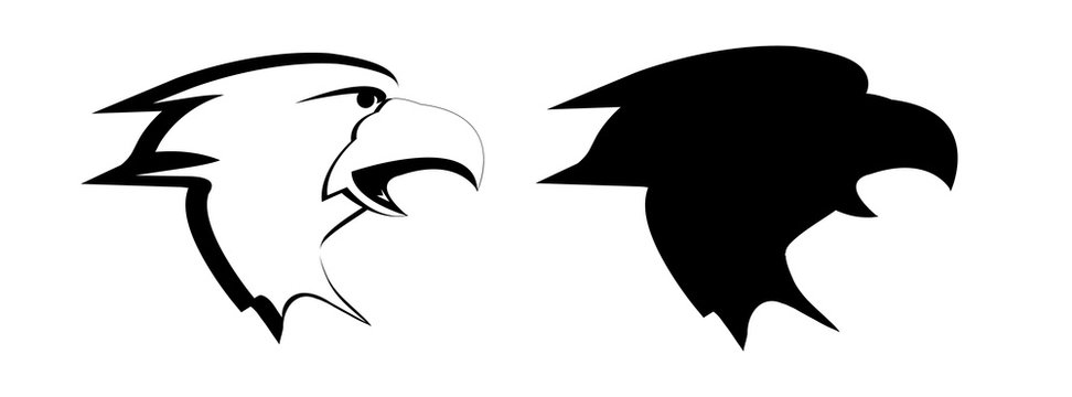 The head of an eagle is painted with black paint on a white background. Vector black and white image