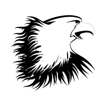 The head of an eagle is painted with black paint on a white background. Vector black and white image
