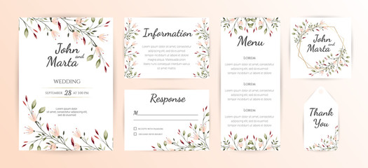 Naklejka premium Floral Wedding Invitation, Wedding Invitation Template, Botanical Wedding Invitation, Green Wedding Invitation, Wedding Invitation Suite, Wedding Invitation Set. eps10