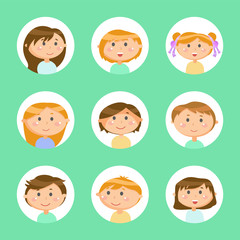Children showing emotion vector, schoolboy and schoolgirl in circled frames. People with smile on face, kids boys and girls set isolated on green