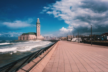 scenic view of Hassan II mosque from the walk alley - Casablanca - Morocco