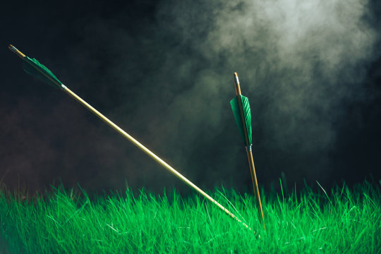 Two wooden arrows in the grass. Beautiful smog background. Medieval weapons handmade.
