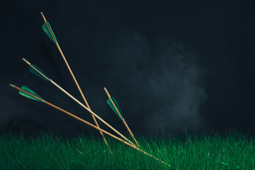 Four wooden arrows in the grass. Beautiful smog background. Medieval weapons handmade.