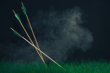 Three wooden arrows in the grass. Beautiful smog background. Medieval weapons handmade.