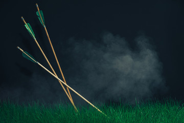 Three wooden arrows in the grass. Beautiful smog background. Medieval weapons handmade.