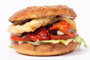 Classic american hamburger on a wooden board, white background