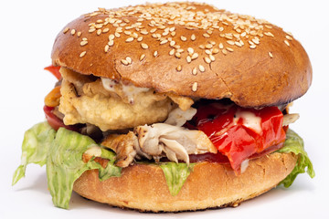 Classic american hamburger on a wooden board, white background