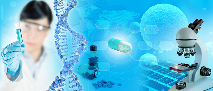scientist, DNA and microscope in abstract blue background, 3d illustration