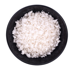 Sea salt in wooden bowl on white background
