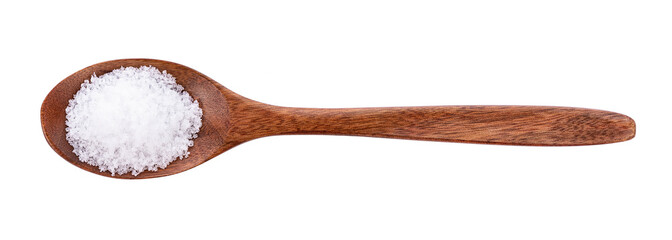 sea salt on wooden spoon isolated on white background