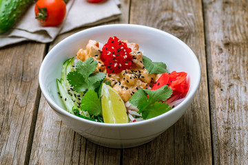 Poke with shrimps on bowl