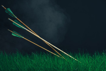 Three wooden arrows in the grass. Beautiful smog background. Medieval weapons handmade.