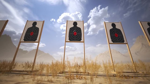 Shooting range with target riddling by bullets. Training practice or competition