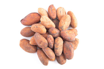 Obraz premium Pile of Raw Cocoa Beans Isolated on a White Background
