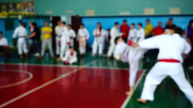 Karate competitions. Out of focus. Slow motion.