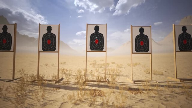Shooting range with target riddling by bullets. Training practice or competition