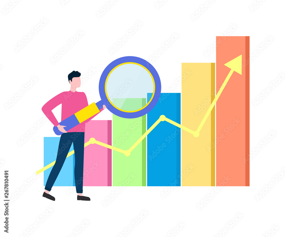 Aufkleber male analyzing received data vector, business project statistics and information in visual represent