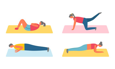 Young man and woman performing exercises on mat, side view of people in sportswear, flat design of human exercising isolated on white, pumping vector