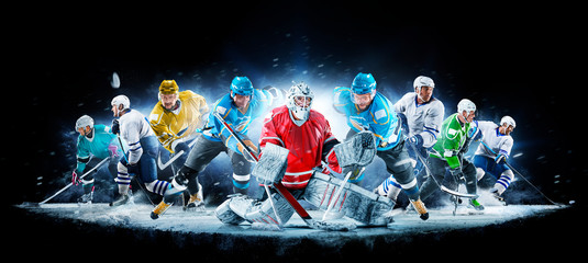Grand ice hockey collage with professional players on the black background