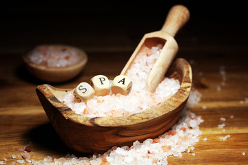 Natuaral cosmetics with pink himalayan spa salt. Sea bath salt for healthy spa relaxation