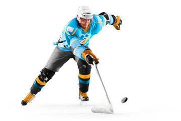 Professional ice hockey player in action on white backgound